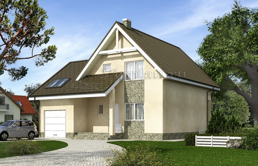 Одноэтажный дом с мансардой, террасой, балконом и гаражом